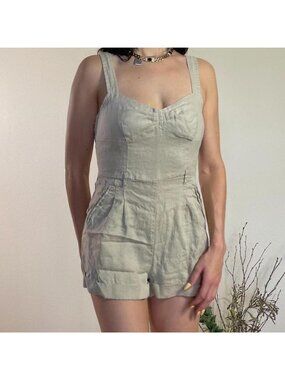 Vintage linen shorts romper in tan khaki size S